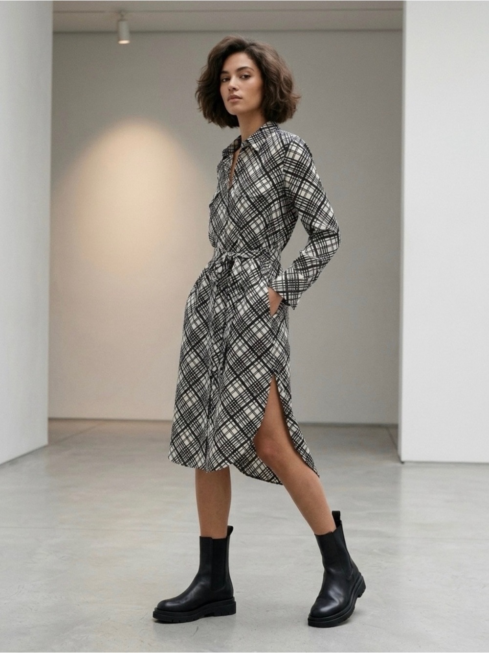 Equipment Black and White Strips Long Sleeve Short Dress